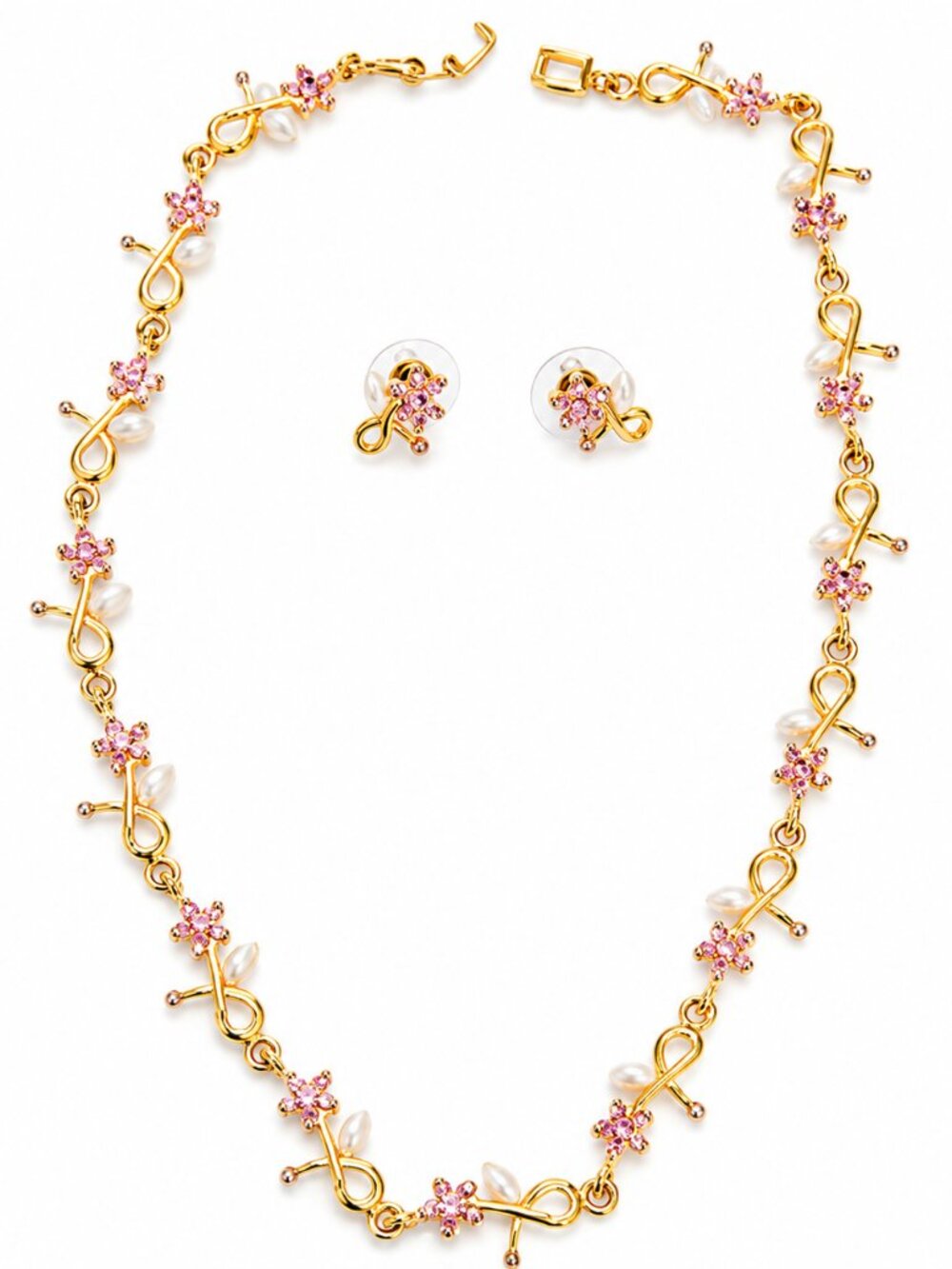 Elegant Gold and Pink Floral Necklace & Earrings